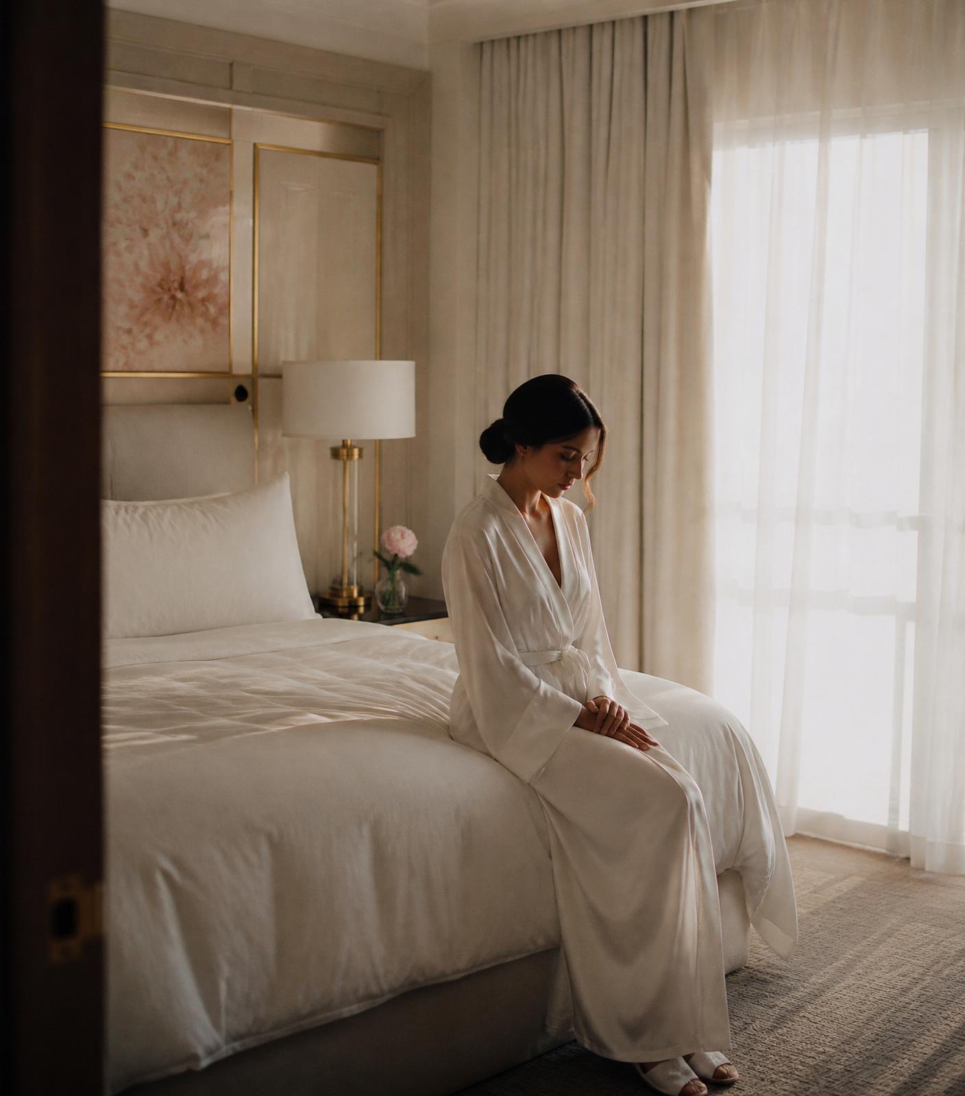 A bride in a silk robe sitting quietly on a hotel bed at dawn, in a moment of calm reflection